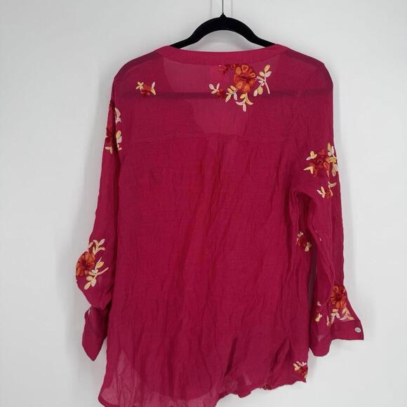 Fig & Flower top 1x pink floral button down tie front colorful beachy plus work - Picture 5 of 5